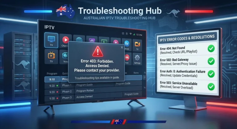The IPTV error codes Australia guide showing common error messages like 403 Forbidden, 404 Not Found, and Xtream Codes Auth 0 with step-by-step fix instructions on a TV screen for Australian users in 2026.