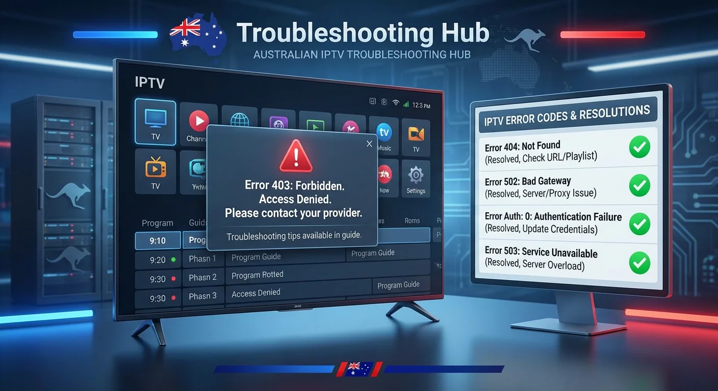 The IPTV error codes Australia guide showing common error messages like 403 Forbidden, 404 Not Found, and Xtream Codes Auth 0 with step-by-step fix instructions on a TV screen for Australian users in 2026.