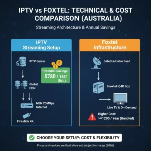 IPTV vs Foxtel Australia 2026 technical comparison network diagram: 780 annual savings