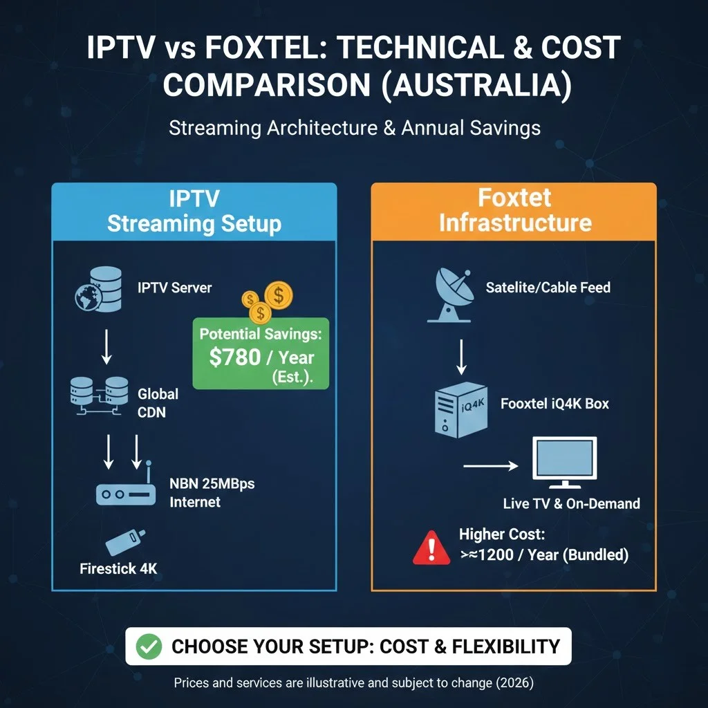 IPTV vs Foxtel Australia 2026 technical comparison network diagram: 780 annual savings