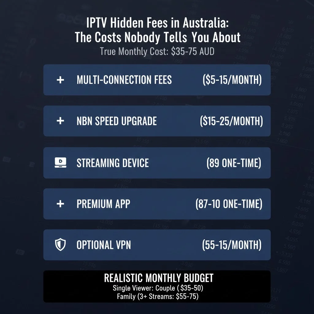 IPTV hidden fees breakdown in Australia showing additional costs beyond the advertised subscription price including multi-connection fees, device purchases, NBN upgrades and app costs