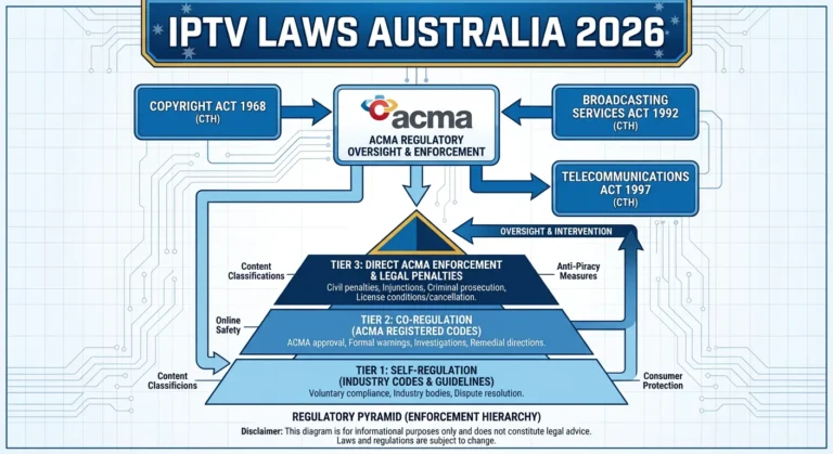 IPTV laws Australia 2026 showing Australian legal framework, including Copyright Act 1968, the Broadcasting Services Act and ACMA regulatory oversight for IPTV services and providers