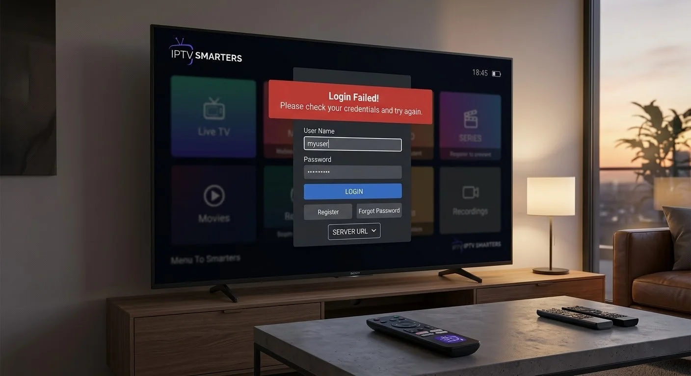 The 'IPTV login failed' error on IPTV Smarters app displayed on a smart TV screen