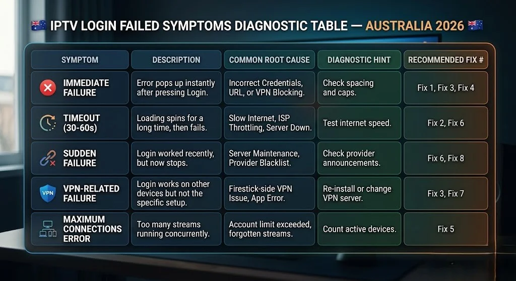 IPTV login failed symptom diagnosis table showing causes and fixes for Australian users