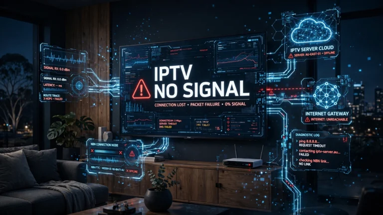 IPTV No Signal Australia showing a Smart TV with an IPTV no signal error and diagnostic flow between internet, router, and IPTV server