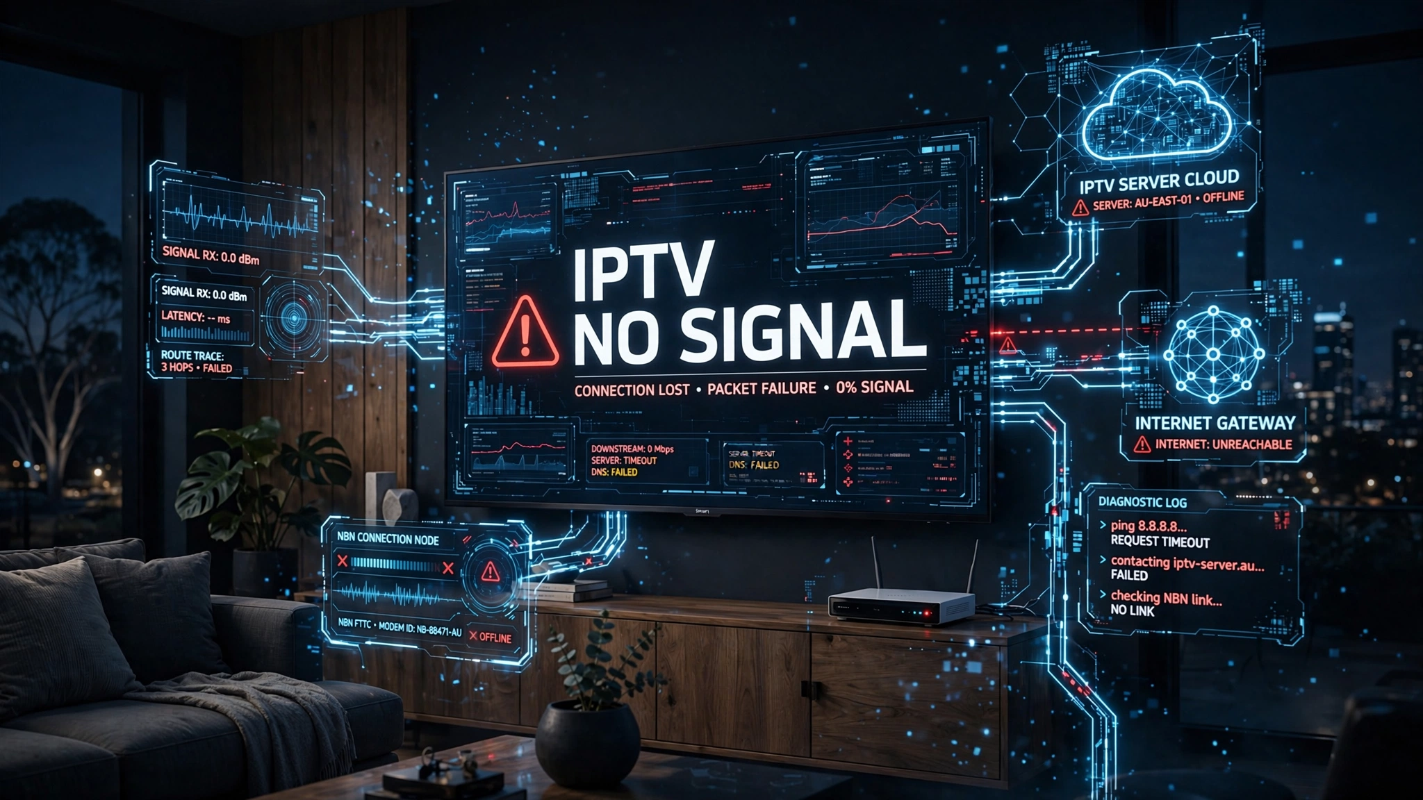 IPTV No Signal Australia showing a Smart TV with an IPTV no signal error and diagnostic flow between internet, router, and IPTV server