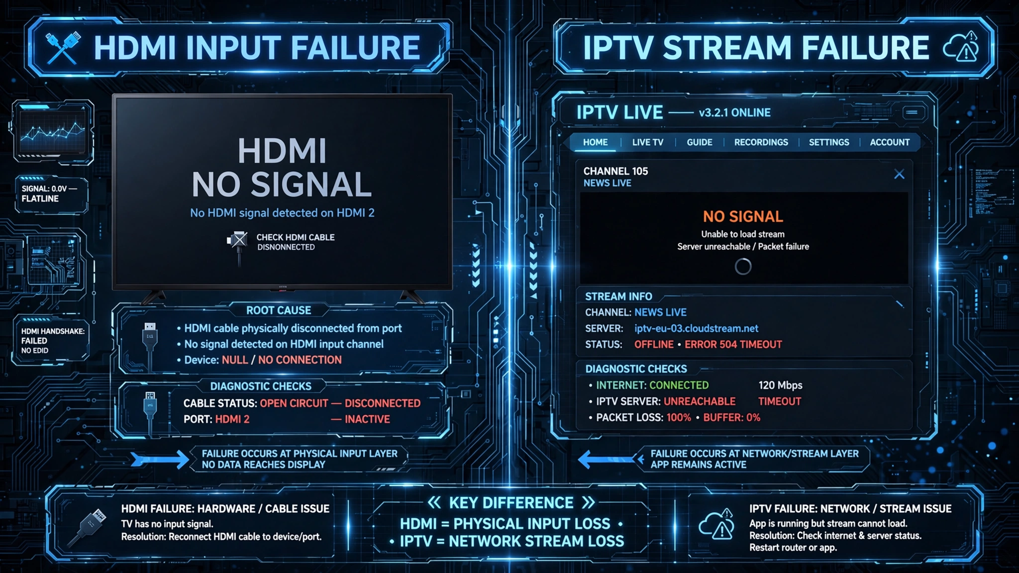Difference between a TV HDMI no-signal message and an IPTV app no-signal error