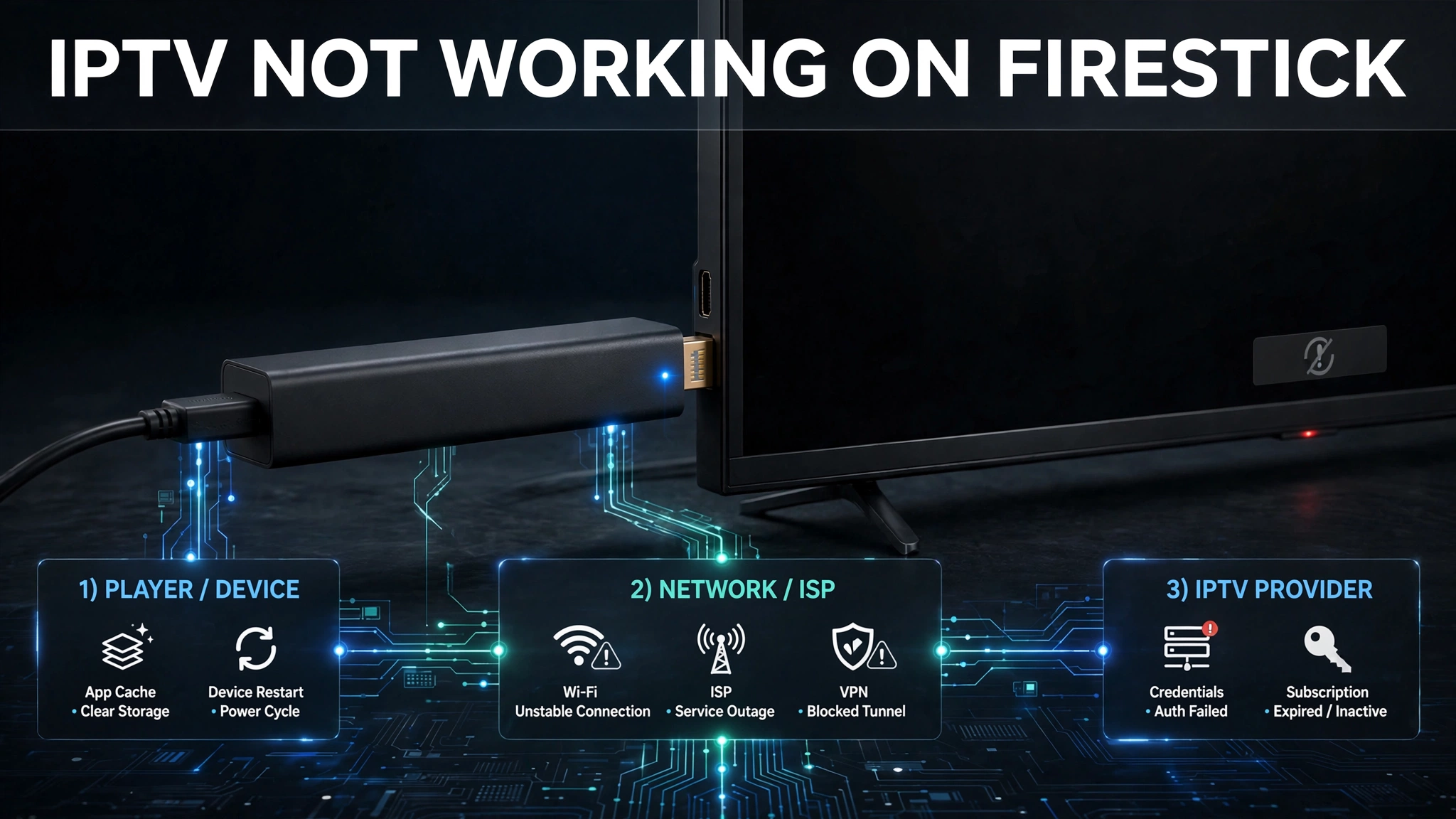 IPTV not working on Firestick diagnostic flow showing device, network and provider failure points