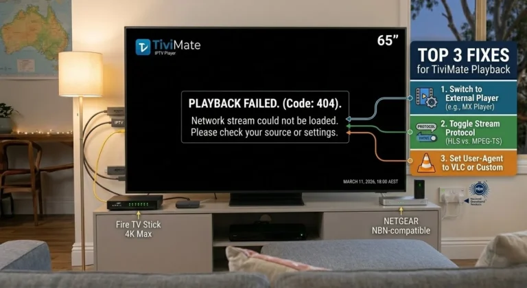 IPTV playback failed in Australia, showing black screen and stream error on TiviMate and IPTV Smarters with codec player and network fix steps.