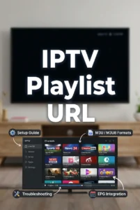 High-quality vertical image showing a digital IPTV interface on a smart TV with the bold text “IPTV Playlist URL” prominently displayed