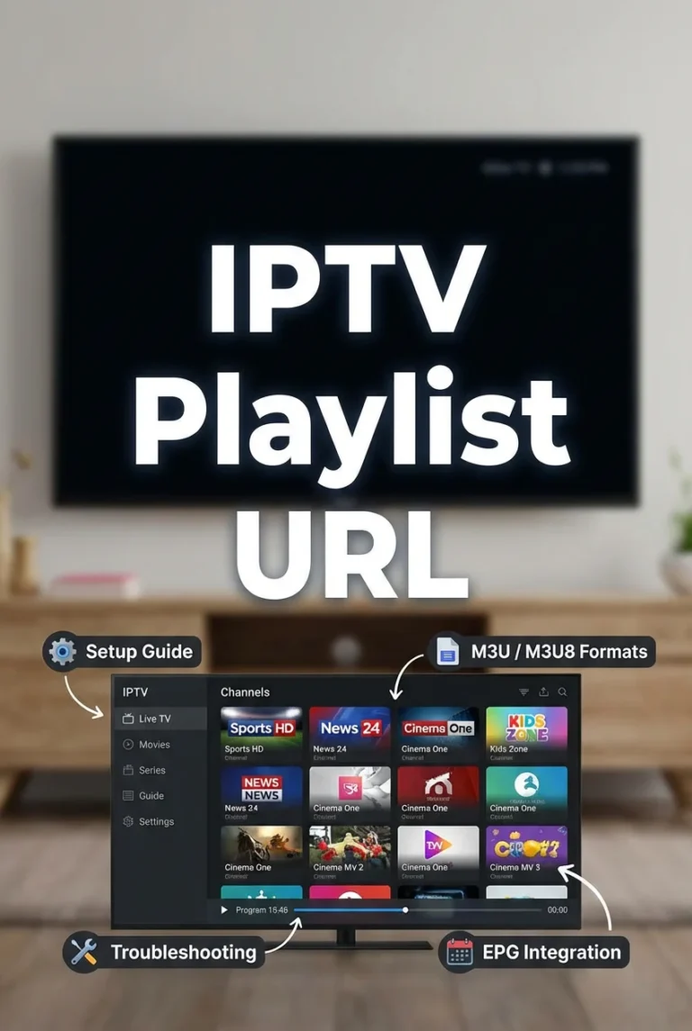 High-quality vertical image showing a digital IPTV interface on a smart TV with the bold text “IPTV Playlist URL” prominently displayed