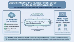 A simplified illustration of an IPTV playlist URL connecting a cloud database to a streaming device screen displaying various channel categories, used for the main article image.