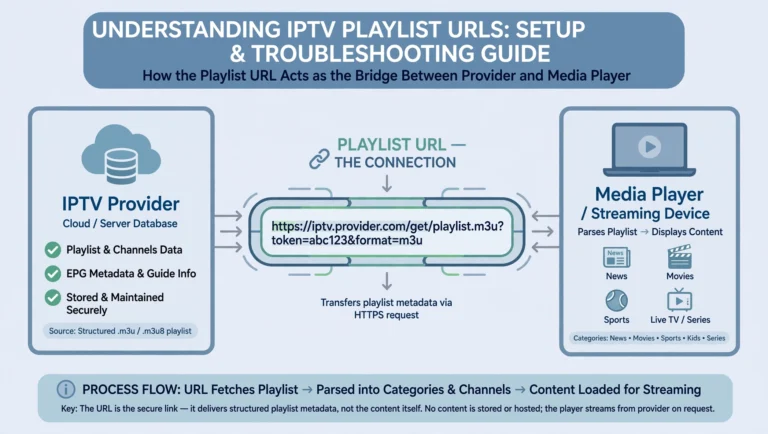 A simplified illustration of an IPTV playlist URL connecting a cloud database to a streaming device screen displaying various channel categories, used for the main article image.