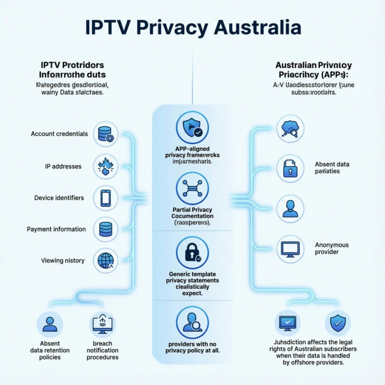 IPTV privacy Australia's data protection framework infographic showing subscriber data collection categories and privacy risk indicators across IPTV provider tiers