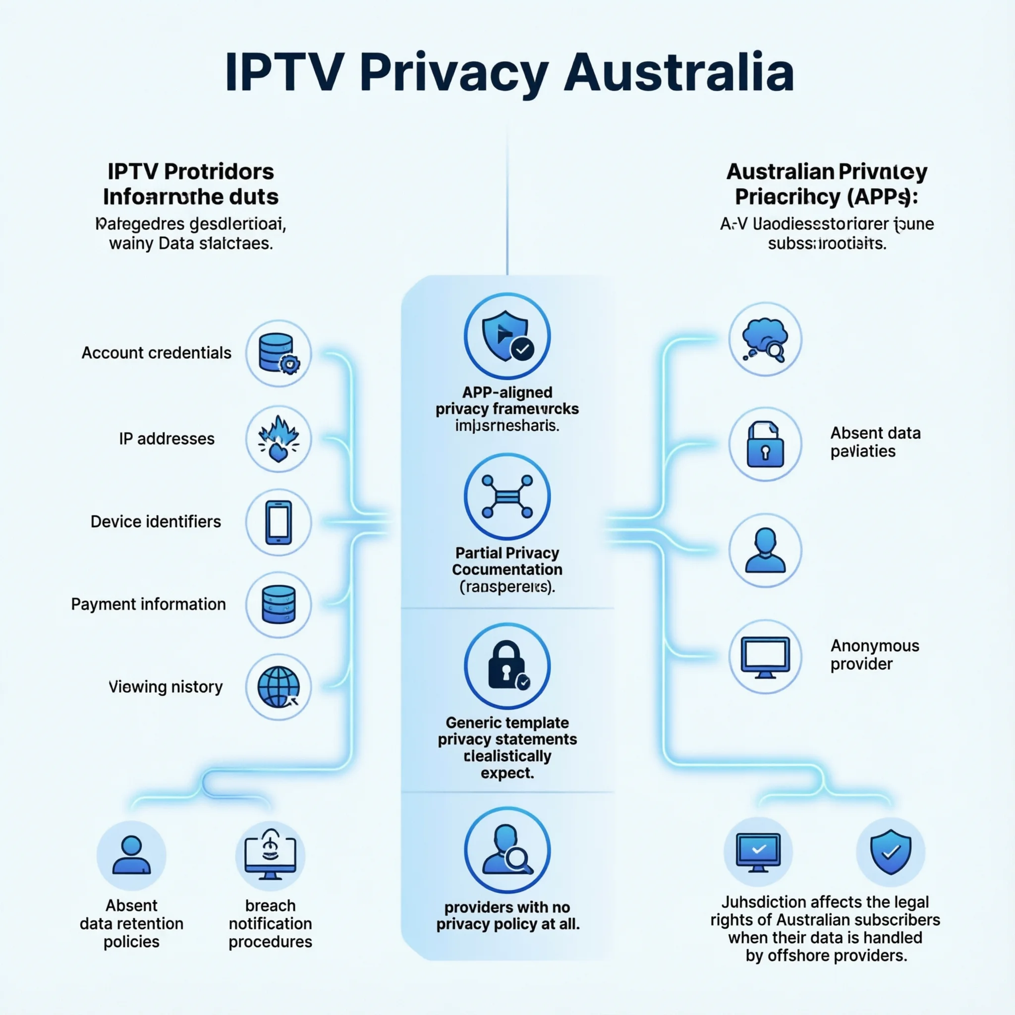 IPTV privacy Australia's data protection framework infographic showing subscriber data collection categories and privacy risk indicators across IPTV provider tiers