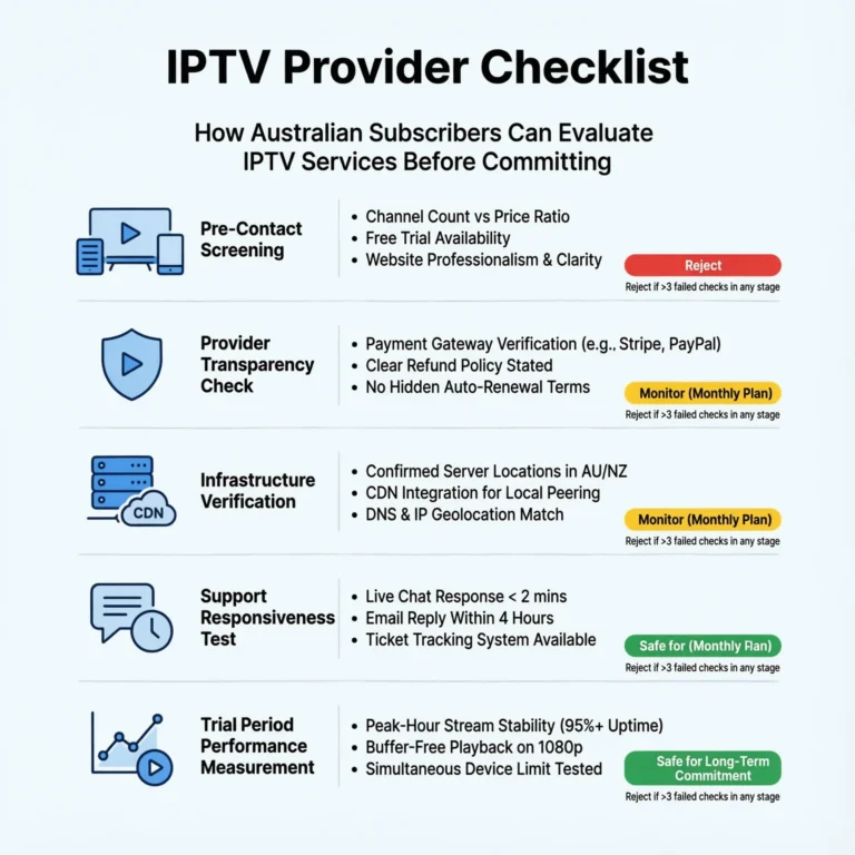 IPTV provider checklist Australia — complete pre-subscription assessment framework showing evaluation stages for choosing an IPTV provider