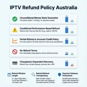 IPTV refund policy Australia comparison chart showing money-back guarantee terms and refund conditions across IPTV provider categories