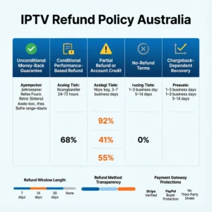IPTV refund policy Australia comparison chart showing money back guarantee terms and refund conditions across IPTV provider categories