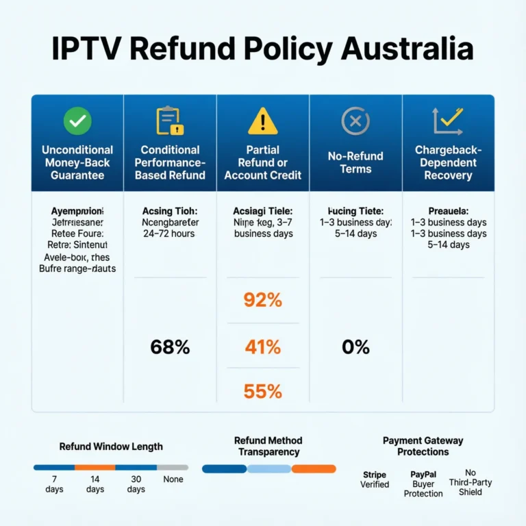 IPTV refund policy Australia comparison chart showing money back guarantee terms and refund conditions across IPTV provider categories