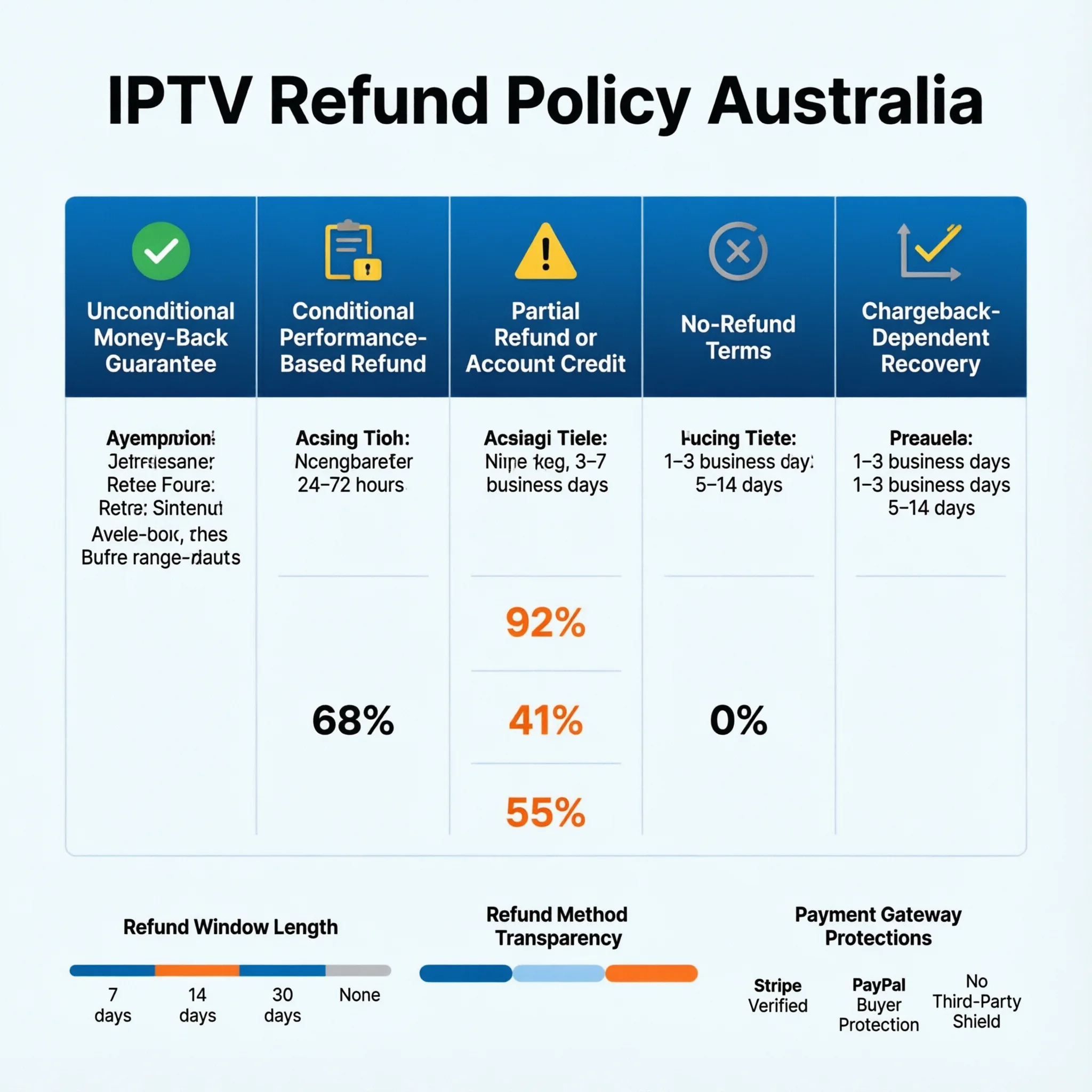 IPTV refund policy Australia comparison chart showing money back guarantee terms and refund conditions across IPTV provider categories