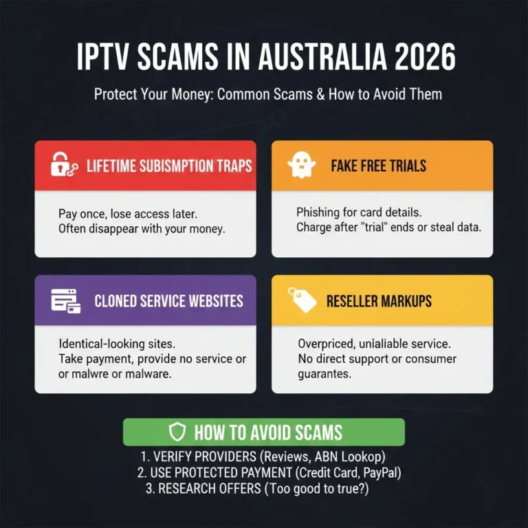 IPTV scams in Australia showing common fraud patterns including lifetime deals, fake trials, clone services, and reseller markups with warning icons and alert symbols