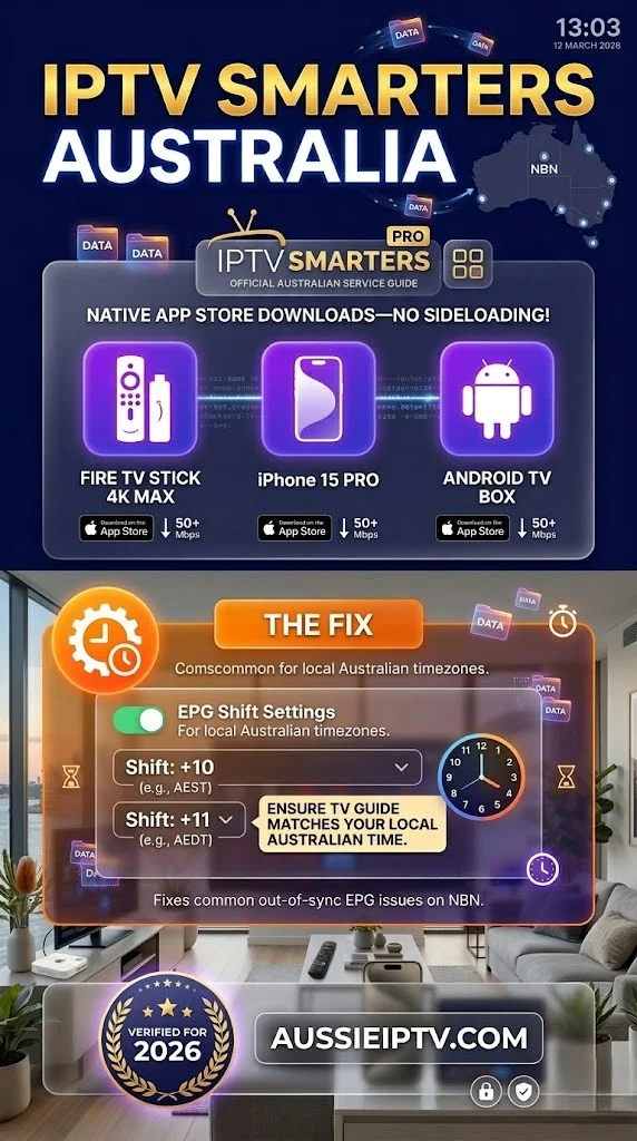 This is a detailed vertical guide for IPTV SMARTERS AUSTRALIA setup, which shows step-by-step installation on Fire TV Stick, iOS, and Android, along with 2026 EPG timezone configurations for NBN users.