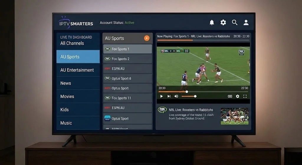 IPTV Smarters setup showing channel selection screen on Android TV in an Australian home