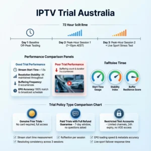 IPTV trial Australia testing protocol infographic showing peak hour testing schedule and trial evaluation checklist
