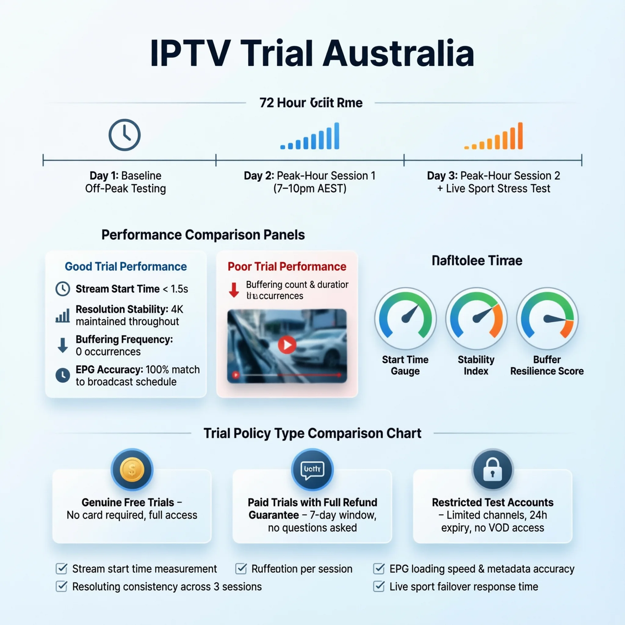 IPTV trial Australia testing protocol infographic showing peak hour testing schedule and trial evaluation checklist