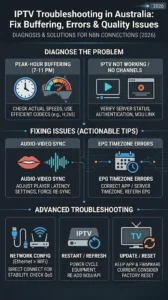 Vertical IPTV troubleshooting infographic for Australia with the bold headline “IPTV Troubleshooting in Australia: Fix Buffering, Errors & Quality Issues” displayed prominently, showing solutions for buffering, IPTV not working, EPG errors, audio sync problems, and login failures.