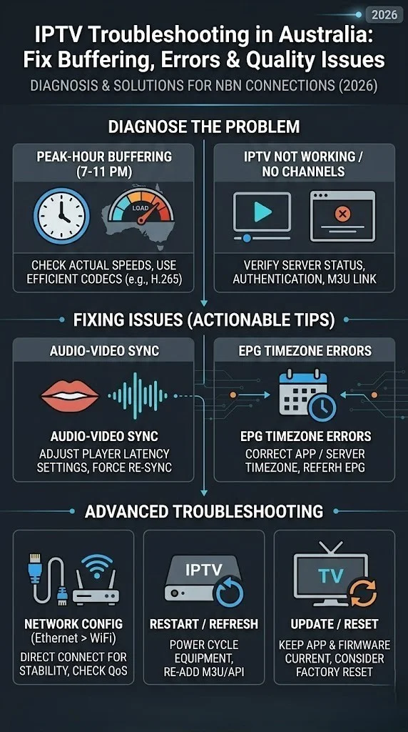 Vertical IPTV troubleshooting infographic for Australia with the bold headline “IPTV Troubleshooting in Australia: Fix Buffering, Errors & Quality Issues” displayed prominently, showing solutions for buffering, IPTV not working, EPG errors, audio sync problems, and login failures.