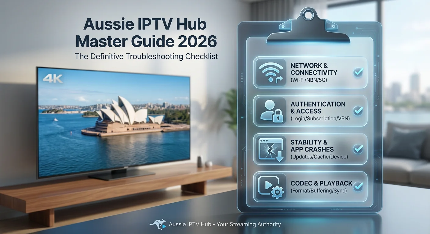 IPTV troubleshooting checklist Australia complete reference guide showing all fixed categories, including buffering login errors no signal, app crashes and peak hour problems for all devices and NBN connections in 2026.