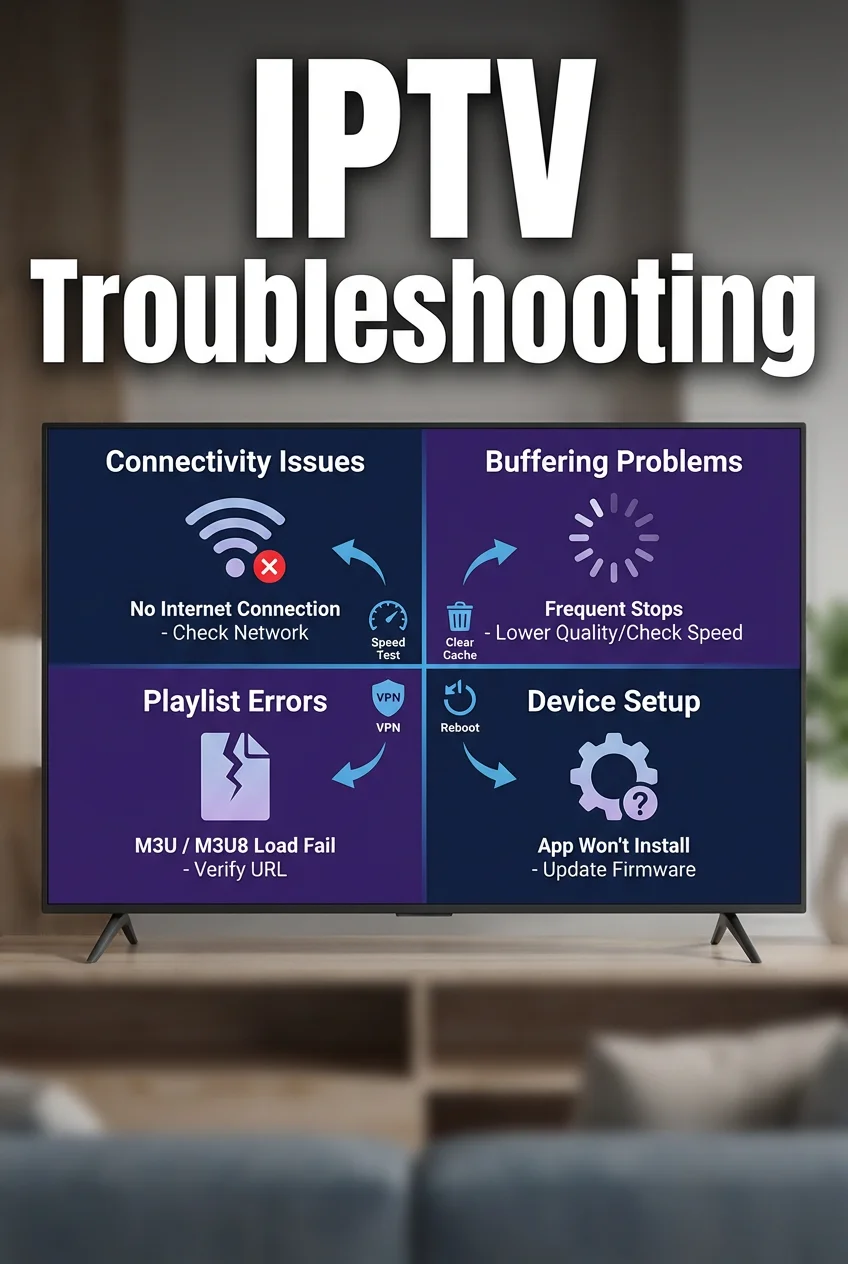 Vertical high-quality image showing a smart TV with error messages and troubleshooting icons, emphasizing IPTV Troubleshooting