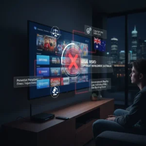 An illustration of IPTV usage in Australia depicts a viewer with a remote control and legal warning symbols, symbolising potential user penalties.