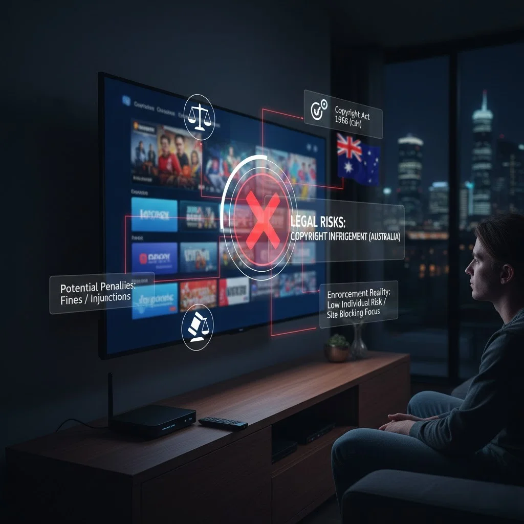 An illustration of IPTV usage in Australia depicts a viewer with a remote control and legal warning symbols, symbolising potential user penalties.