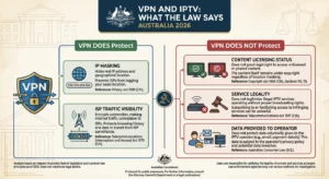 IPTV VPN legal Australia 2026, showing what VPN use protects versus what it does not protect for Australian IPTV subscribers including IP masking benefits and content licensing limitations under Copyright Act 1968