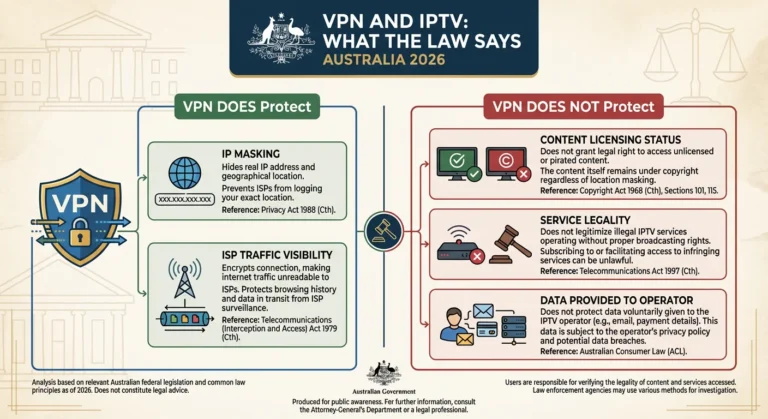 IPTV VPN legal Australia 2026, showing what VPN use protects versus what it does not protect for Australian IPTV subscribers including IP masking benefits and content licensing limitations under Copyright Act 1968