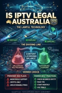 This is a detailed vertical infographic that explains the technical and legal difference between licensed and unlicensed IPTV in Australia, using the Copyright Act 1968 and Broadcasting Services Act for context.