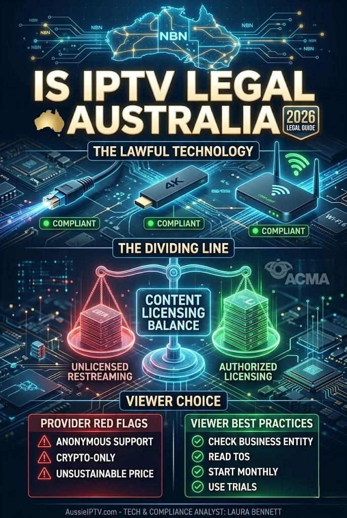 This is a detailed vertical infographic that explains the technical and legal difference between licensed and unlicensed IPTV in Australia, using the Copyright Act 1968 and Broadcasting Services Act for context.