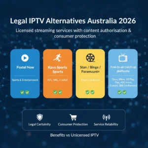 Legal IPTV alternatives in Australia showing licensed streaming platforms like Foxtel Now, Kayo Sports, Stan, Binge, 7plus, 9Now, ABC iview, and SBS On Demand with icons and checkmarks for licensed content
