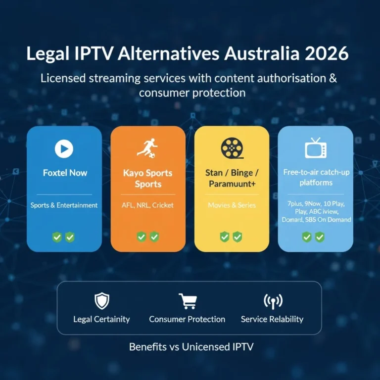 Legal IPTV alternatives in Australia showing licensed streaming platforms like Foxtel Now, Kayo Sports, Stan, Binge, 7plus, 9Now, ABC iview, and SBS On Demand with icons and checkmarks for licensed content