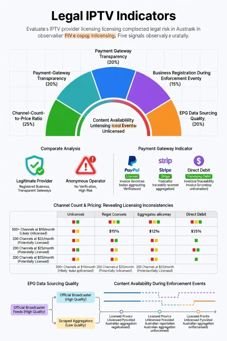 Legal IPTV indicators Australia framework diagram showing licensing compliance signals used to assess IPTV provider legal risk before subscribing