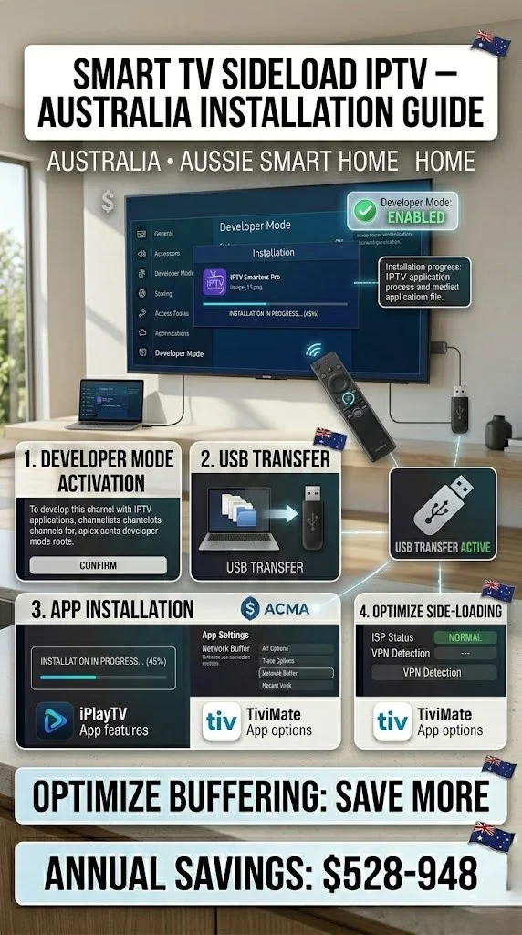 Smart TV sideloading IPTV developer mode screen on LG webOS with APK installation in progress