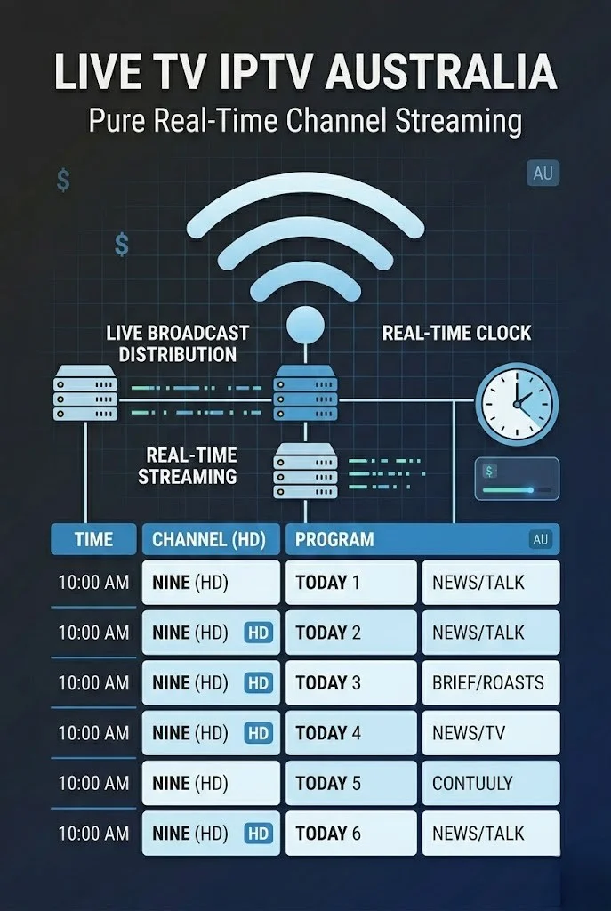Live TV IPTV evaluation framework showing channel uptime, EPG accuracy, sports stability and switching speed metrics