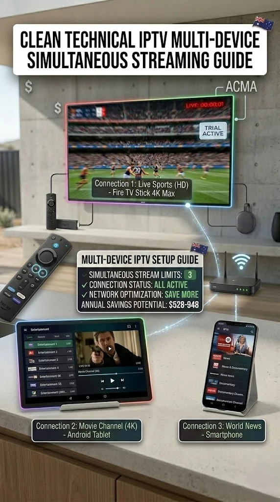 Multi-device IPTV setup showing Amazon Fire TV Stick 4K, Android tablet, and smartphone streaming on separate screens