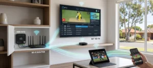 Home network streaming devices connected to a router showing multicast vs unicast IPTV delivery over an Australian NBN connection.