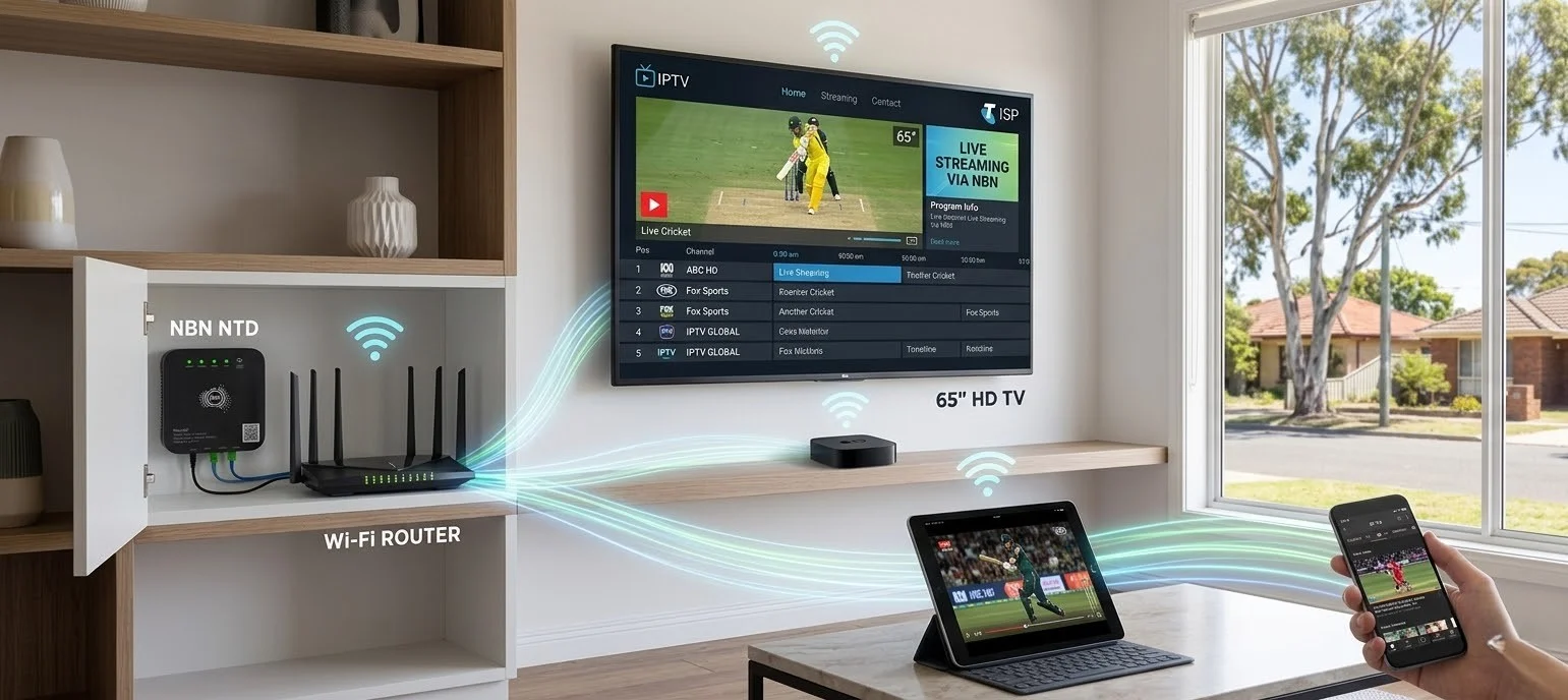 Home network streaming devices connected to a router showing multicast vs unicast IPTV delivery over an Australian NBN connection.
