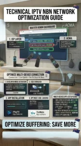 Optimize IPTV Australia showing router admin panel and Amazon Fire TV Stick 4K network settings for NBN connection