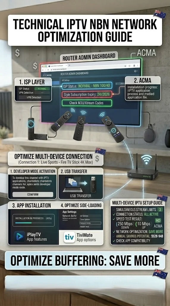 Optimize IPTV Australia showing router admin panel and Amazon Fire TV Stick 4K network settings for NBN connection
