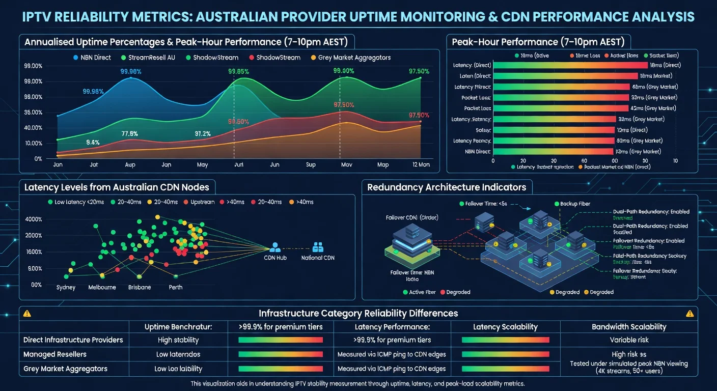 Reliable IPTV Australia — uptime monitoring dashboard showing reliability benchmarks across IPTV provider infrastructure tiers